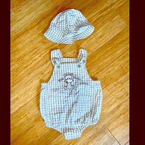 First Moments Tan Gingham Overall Set